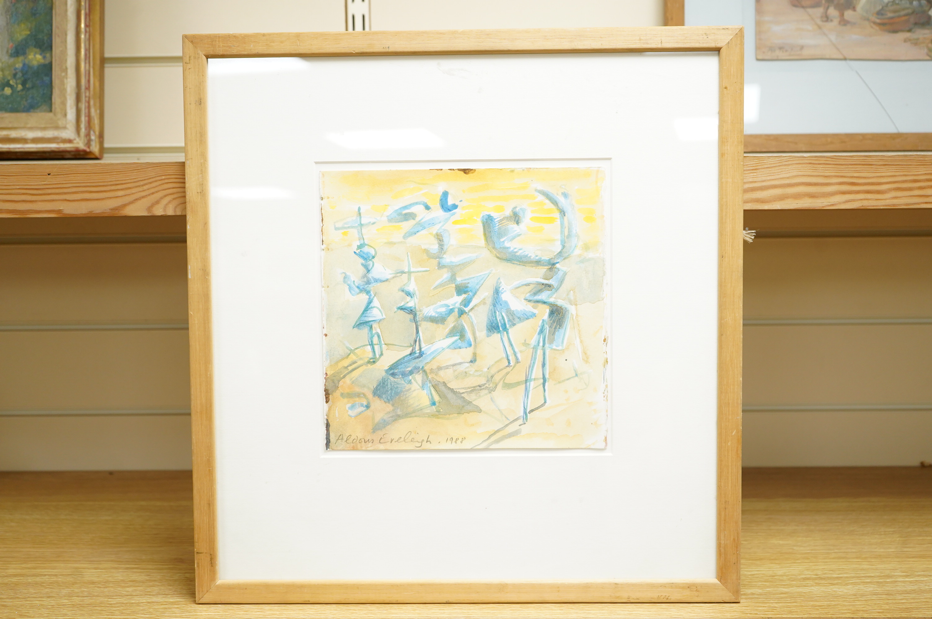 Aldous Eveleigh (b.1951), 'Figures on a Hillside', signed and dated 1988, The New Academy Gallery label verso, watercolour, 23 x 23cm